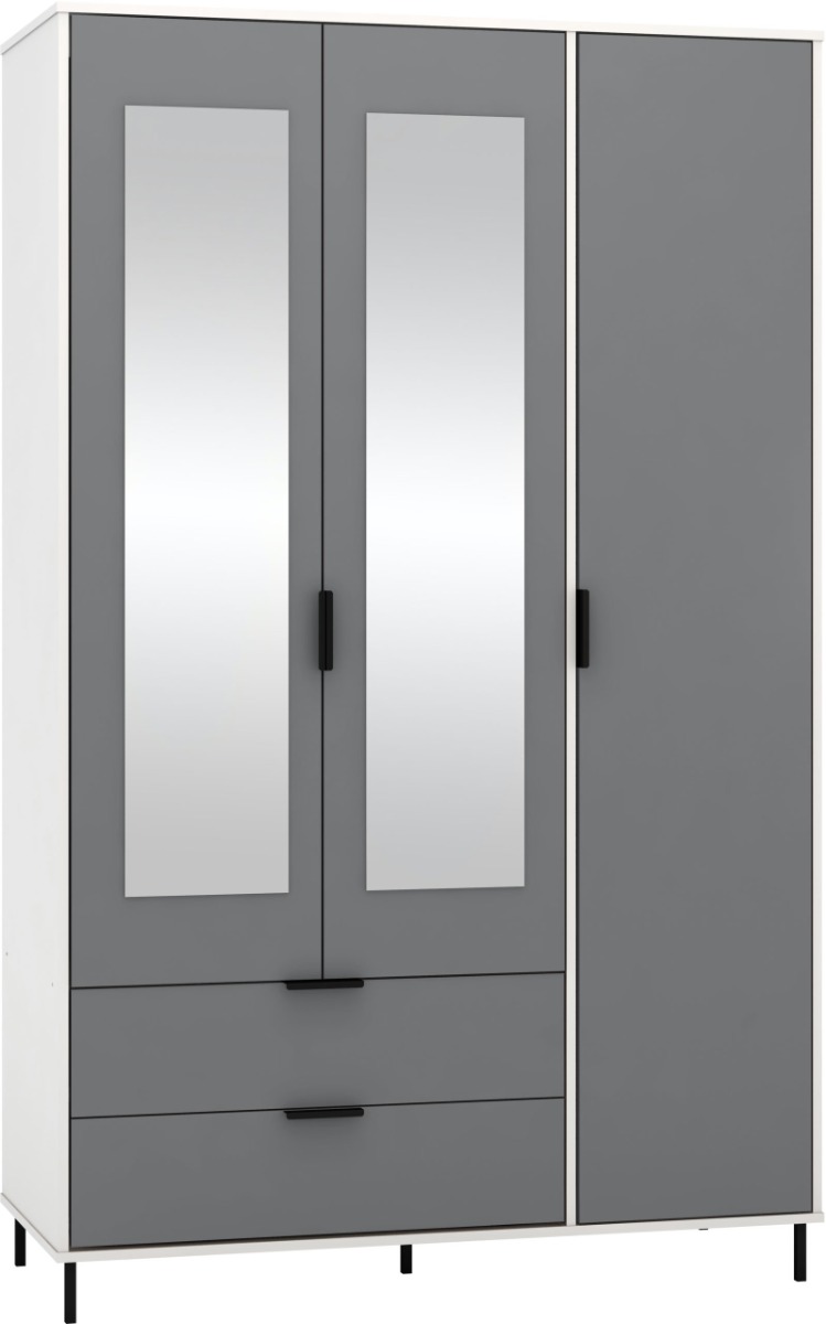Wardrobe - MANILA 3 Door Mirrored Wardrobe Grey White Gloss 121.5cm - Budget Deals