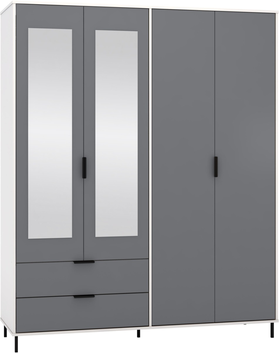 Wardrobe - MANILA 4 Door Mirrored Wardrobe Grey White Gloss 160cm - Budget Deals