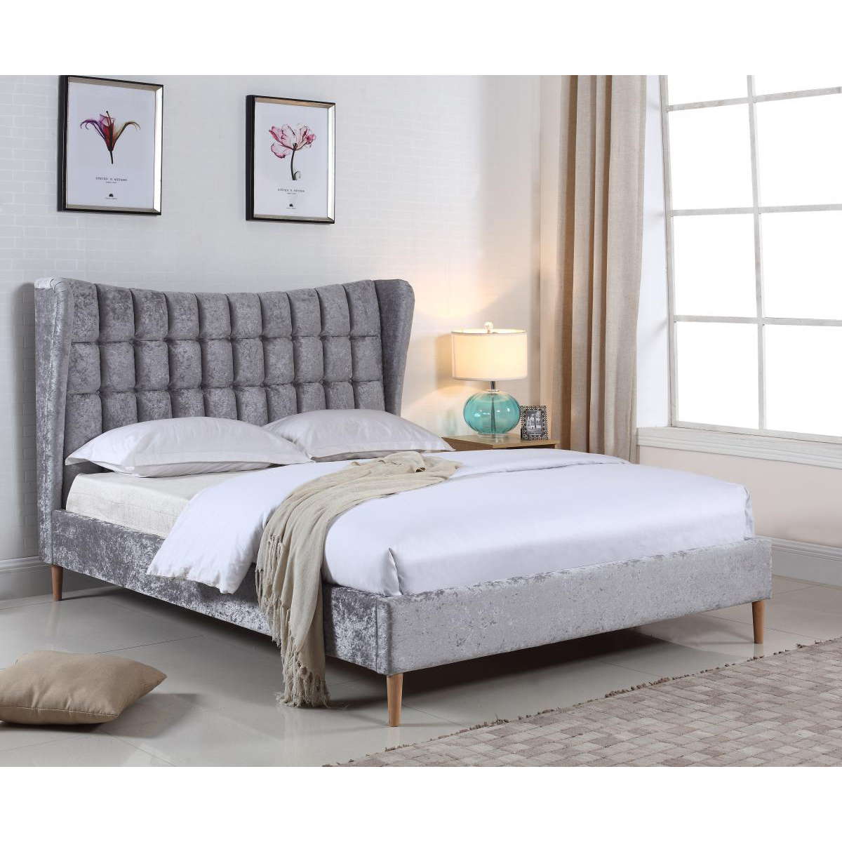 Andalusia Silver Crushed Velvet Bed Frame Elegance Headboard and Comfort Combined - Double Bed - Sigrid Mills