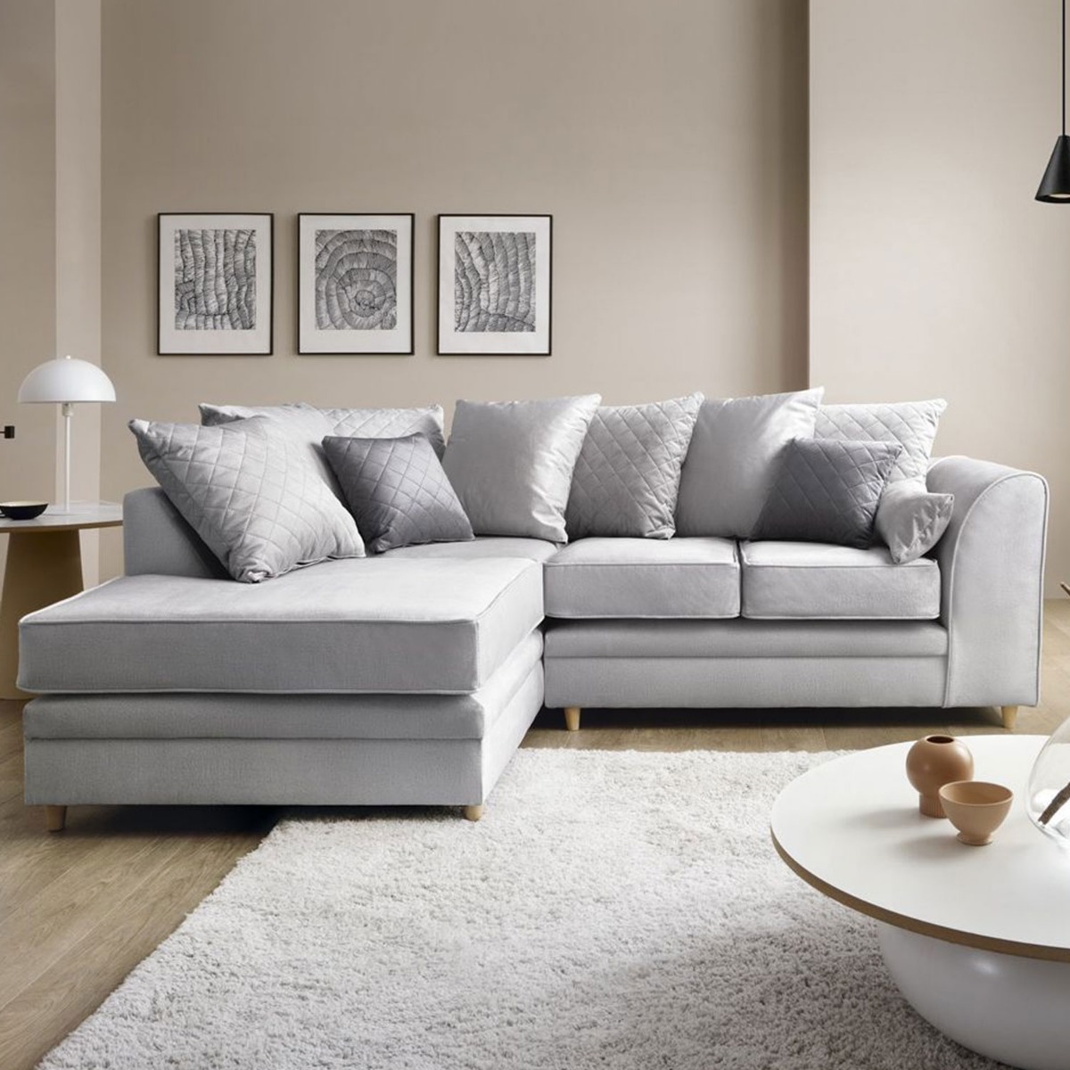 Bethan Velvet Corner Sofa - Left Arm Light Grey - Moonlight Interiors