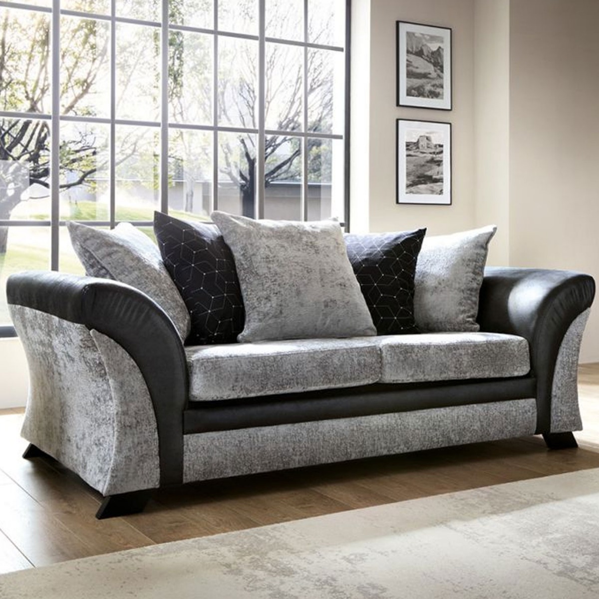 Lloyd Crushed Chenille 3 Seater - Black and Grey - Moonlight Interiors