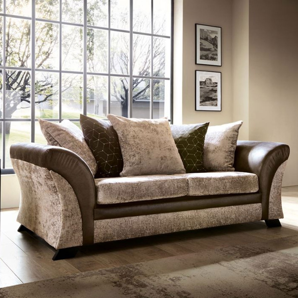 Lloyd Crushed Chenille 3 Seater - Brown and Beige - Moonlight Interiors