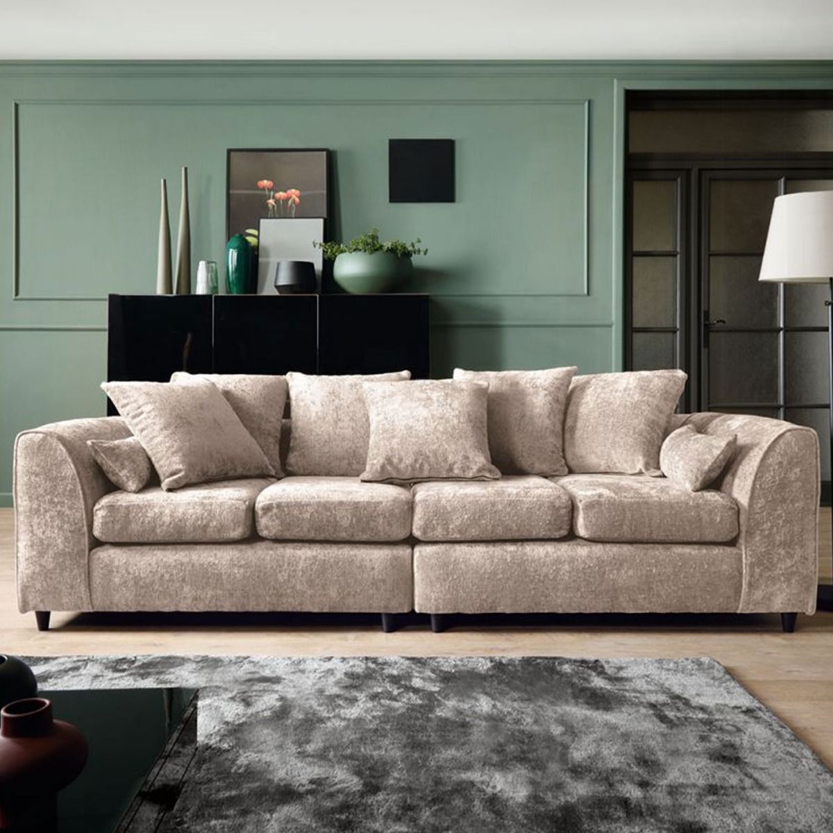 GILLIVER Crushed Chenille Fabric 4 Seater Scatterback Sofa - Cream - Moonlight Interiors