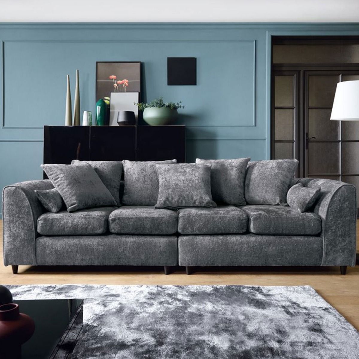 GILLIVER Crushed Chenille Fabric 4 Seater Scatterback Sofa - Dark Grey - Moonlight Interiors