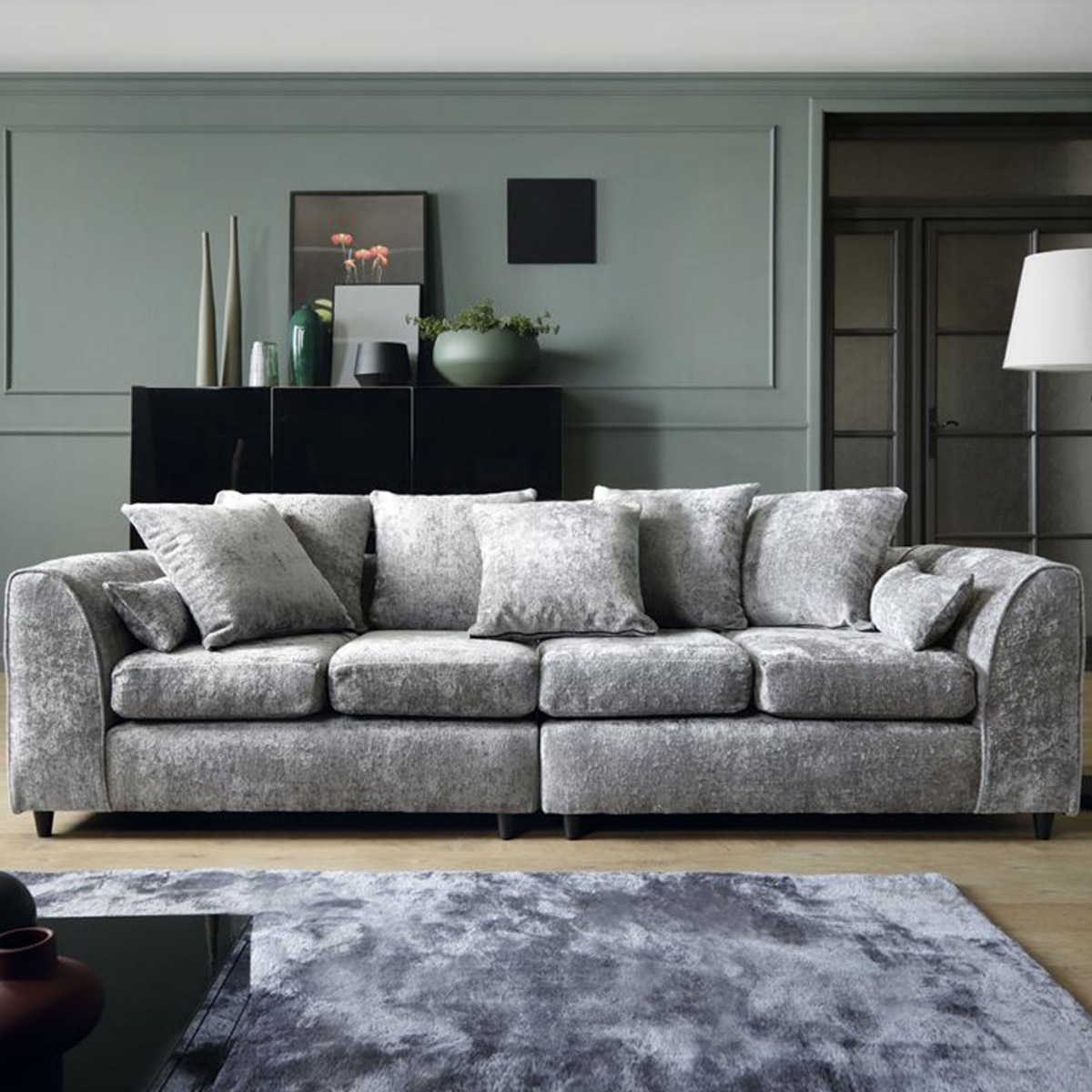 GILLIVER Crushed Chenille Fabric 4 Seater Scatterback Sofa - Light Grey - Moonlight Interiors