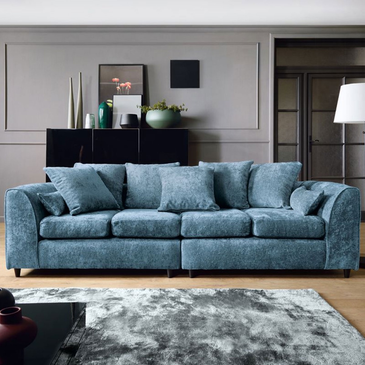 GILLIVER Crushed Chenille Fabric 4 Seater Scatterback Sofa - Dark Blue - Moonlight Interiors