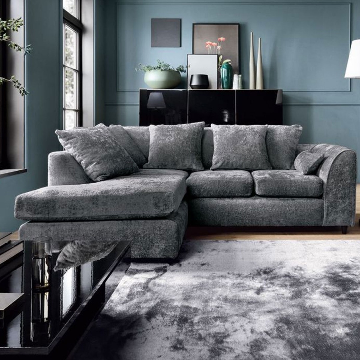 Gilliver Crushed Chenille Corner Sofa - Left Arm Dark Grey - Moonlight Interiors