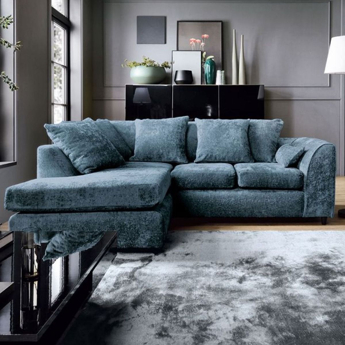 Gilliver Crushed Chenille Corner Sofa - Left Arm Dark Blue - Moonlight Interiors