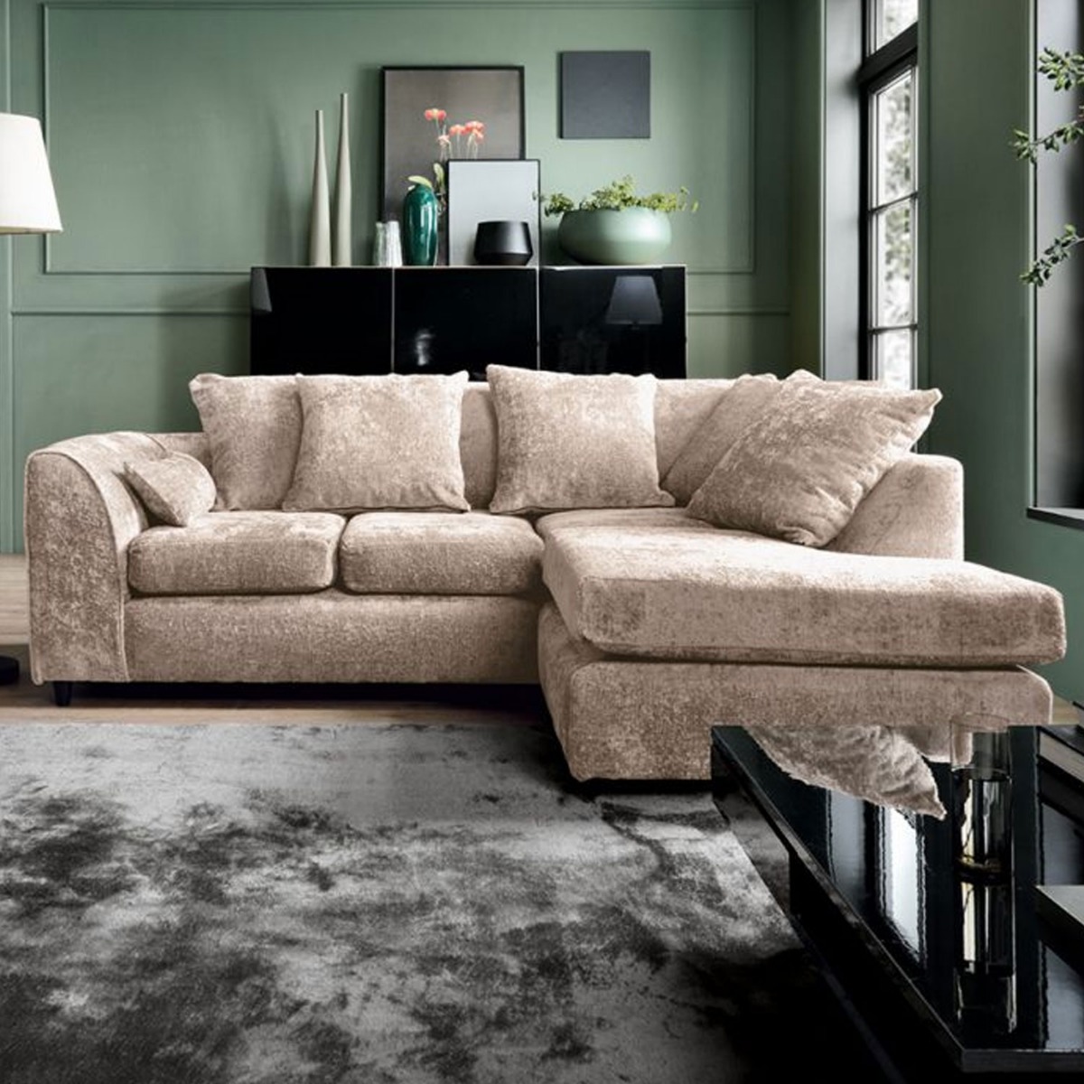 Gilliver Crushed Chenille Corner Sofa - Right Arm Cream - Moonlight Interiors