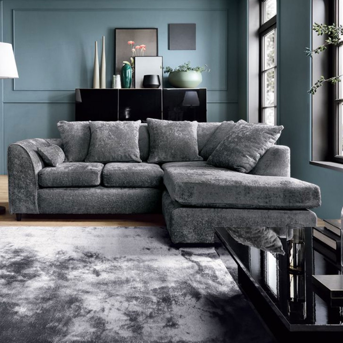 Gilliver Crushed Chenille Corner Sofa - Right Arm Dark Grey - Moonlight Interiors