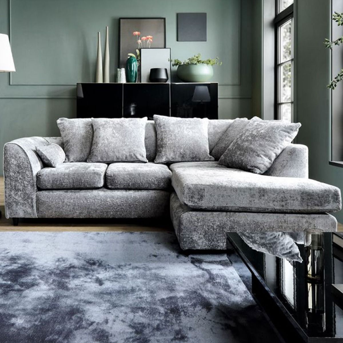 Gilliver Crushed Chenille Corner Sofa - Right Arm Light Grey - Moonlight Interiors
