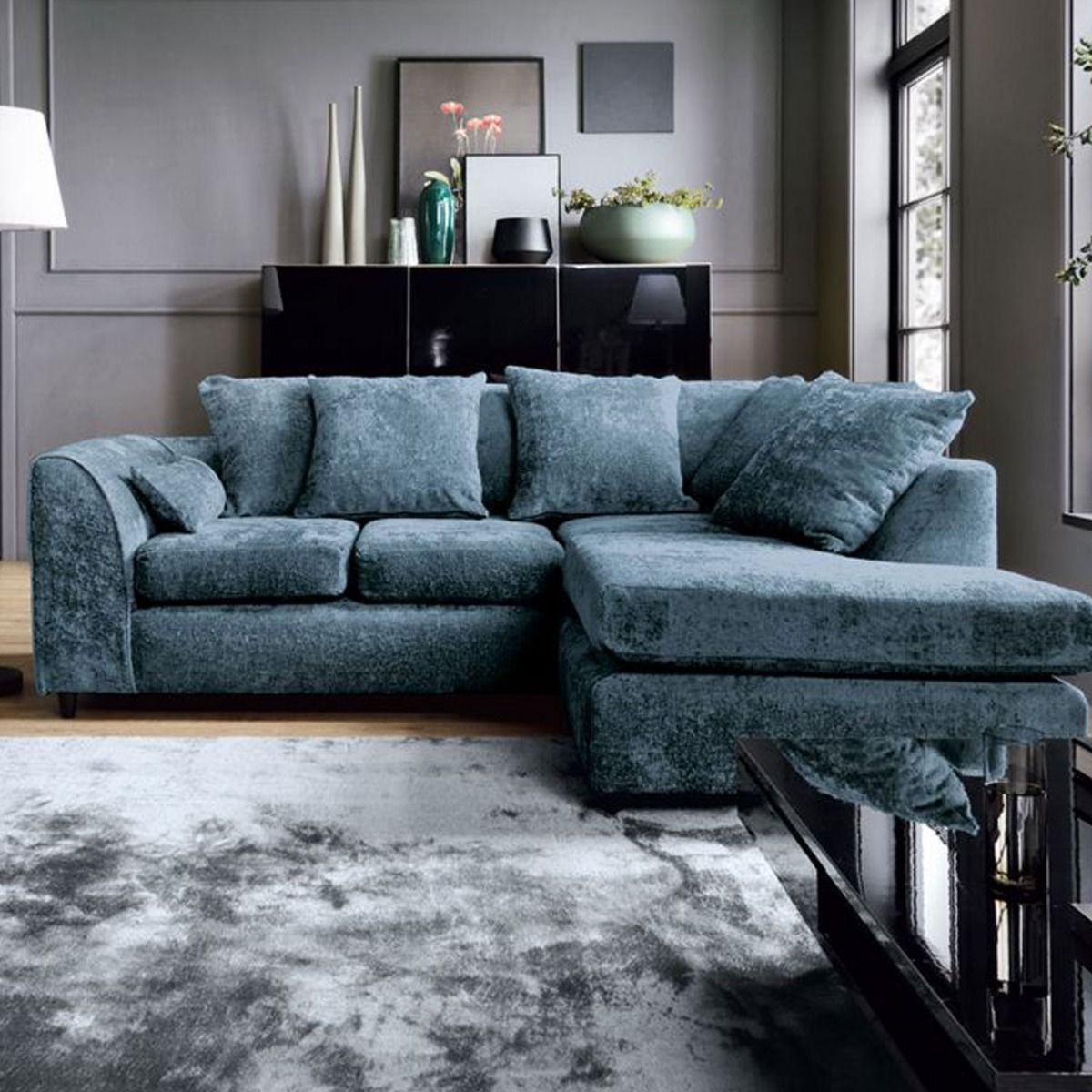 Gilliver Crushed Chenille Corner Sofa - Right Arm Dark Blue - Moonlight Interiors