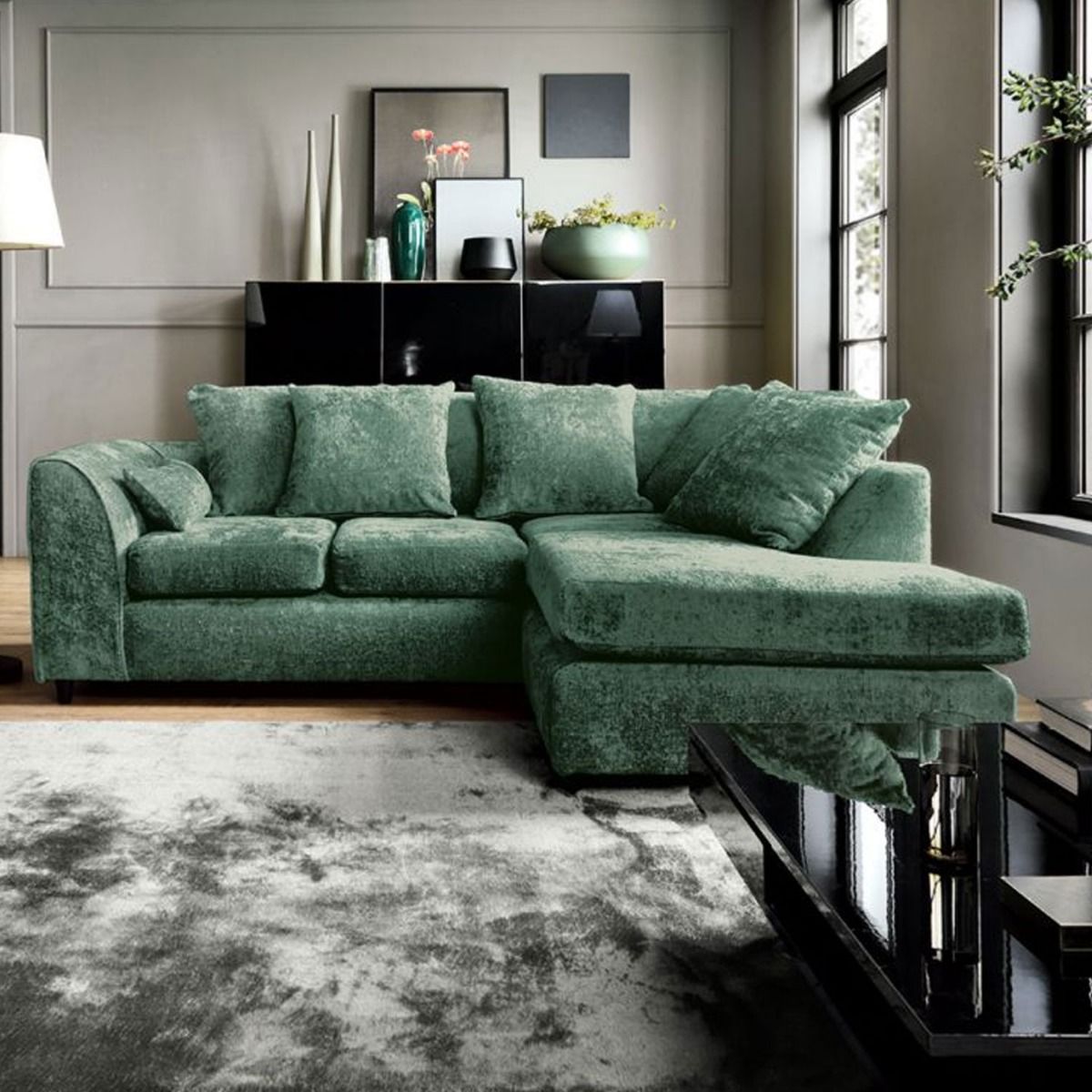 Gilliver Crushed Chenille Corner Sofa - Right Arm Rifle Green - Moonlight Interiors