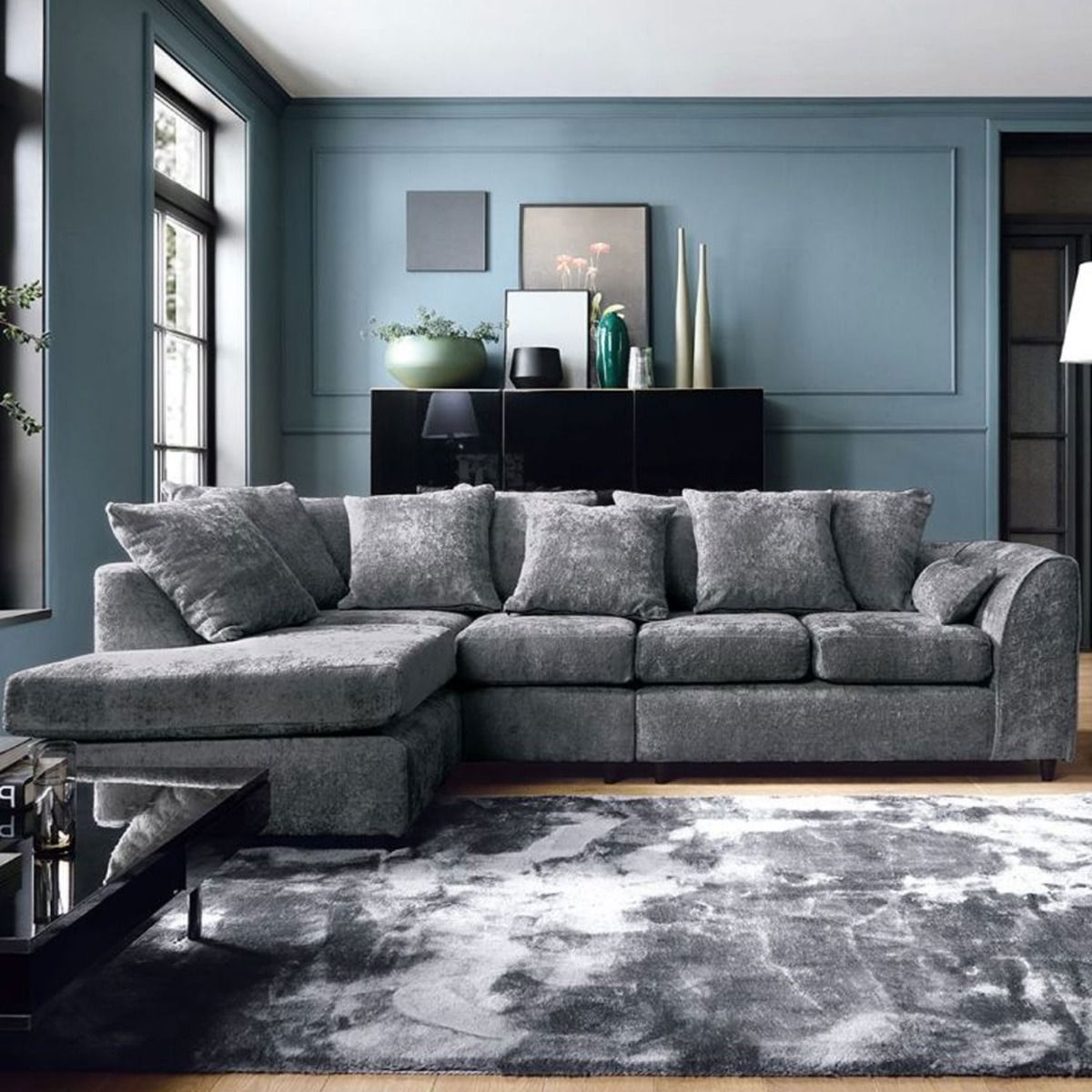 Gilliver Plus Crushed Chenille Corner Sofa - Left Arm Dark Grey - Moonlight Interiors