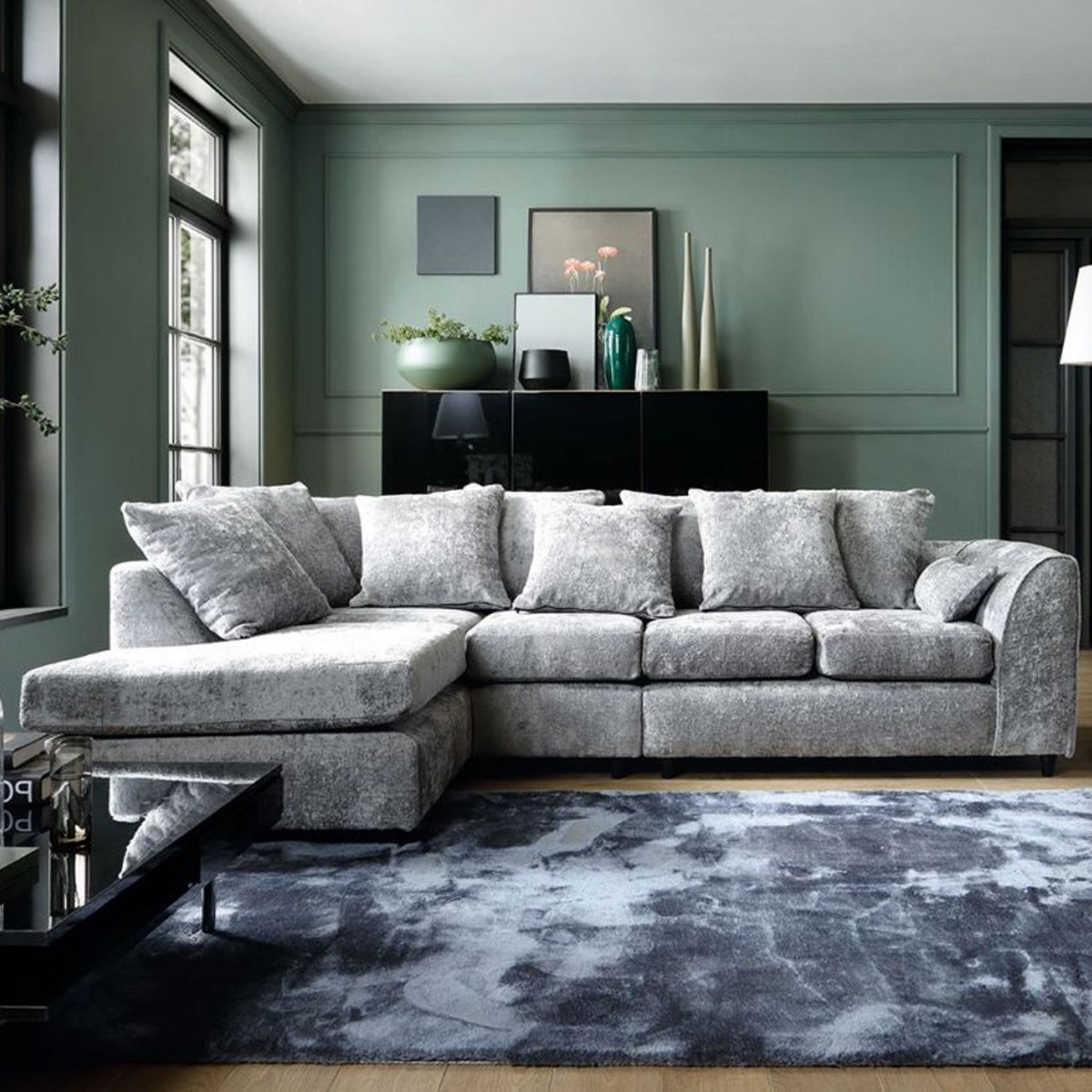Gilliver Plus Crushed Chenille Corner Sofa - Left Arm Light Grey - Moonlight Interiors