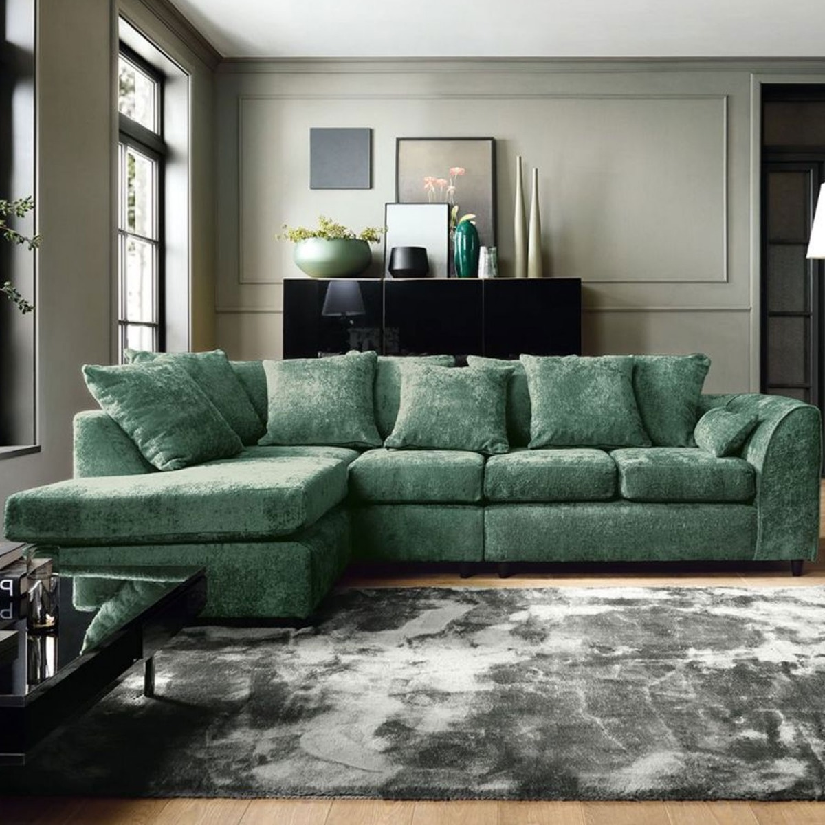 Gilliver Plus Crushed Chenille Corner Sofa - Left Arm Rifle Green - Moonlight Interiors