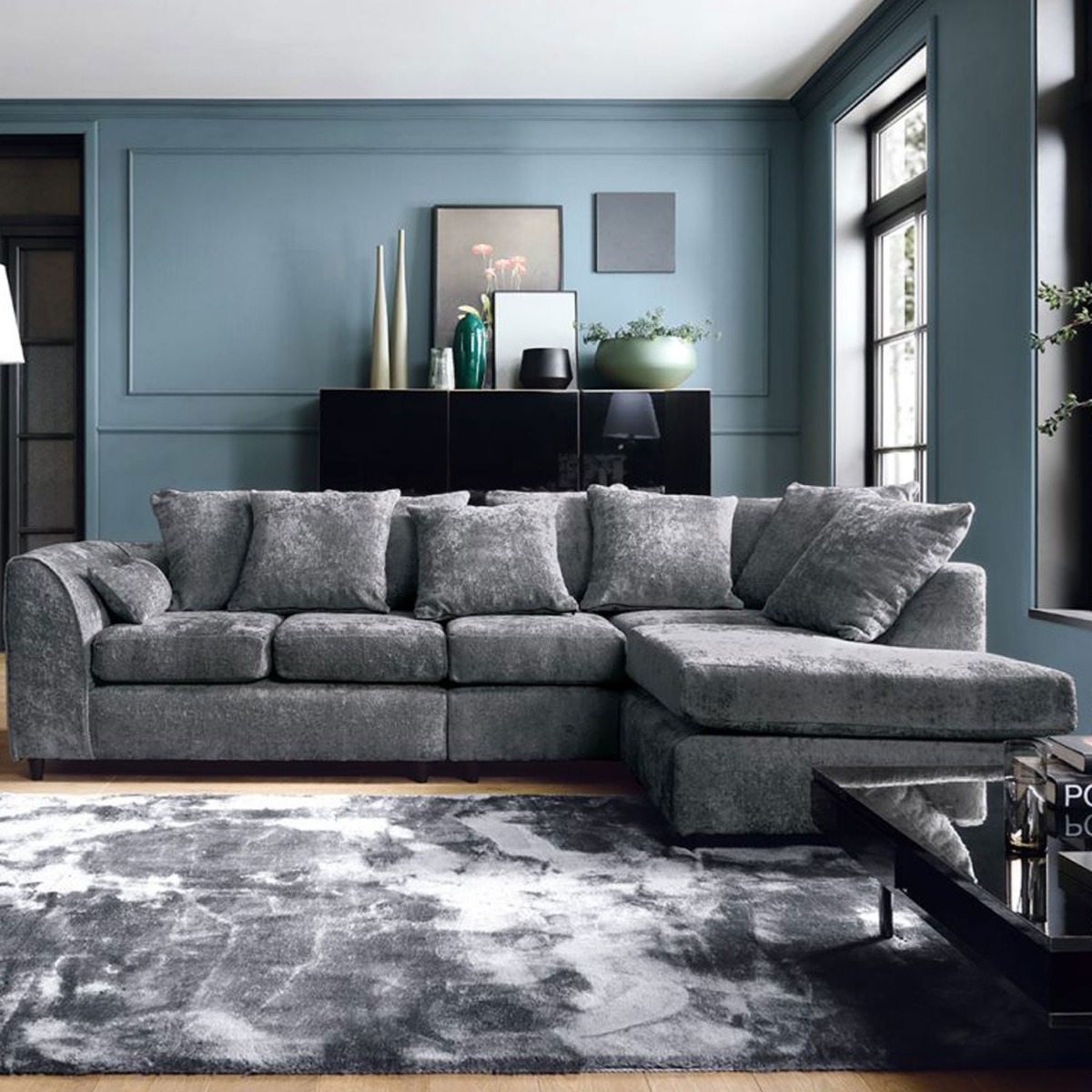 Gilliver Plus Crushed Chenille Corner Sofa - Right Arm Dark Grey - Moonlight Interiors
