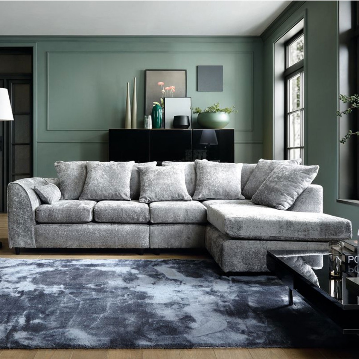 Gilliver Plus Crushed Chenille Corner Sofa - Right Arm Light Grey - Moonlight Interiors