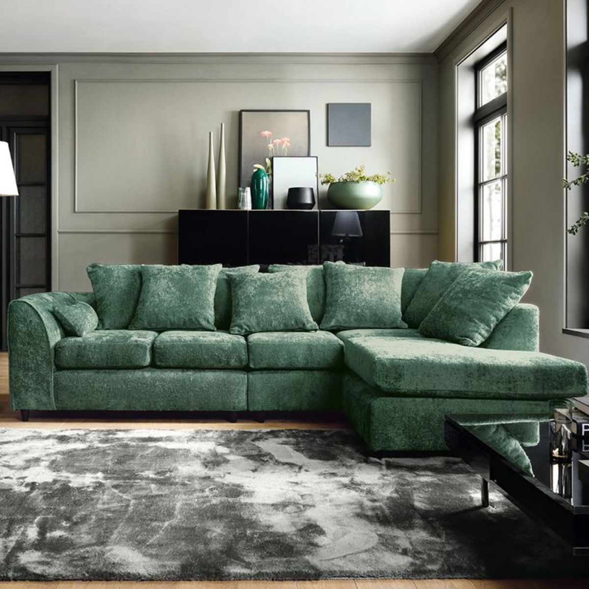 Gilliver Plus Crushed Chenille Corner Sofa - Right Arm Rifle Green - Moonlight Interiors