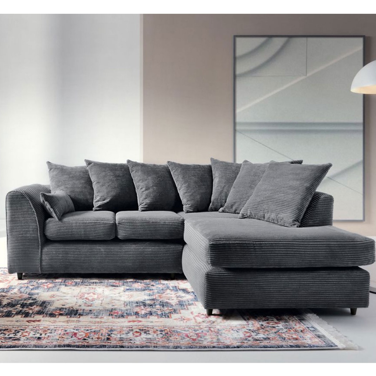 Jasmine Jumbo Cord Corner Sofa - Right Arm Grey - Moonlight Interiors