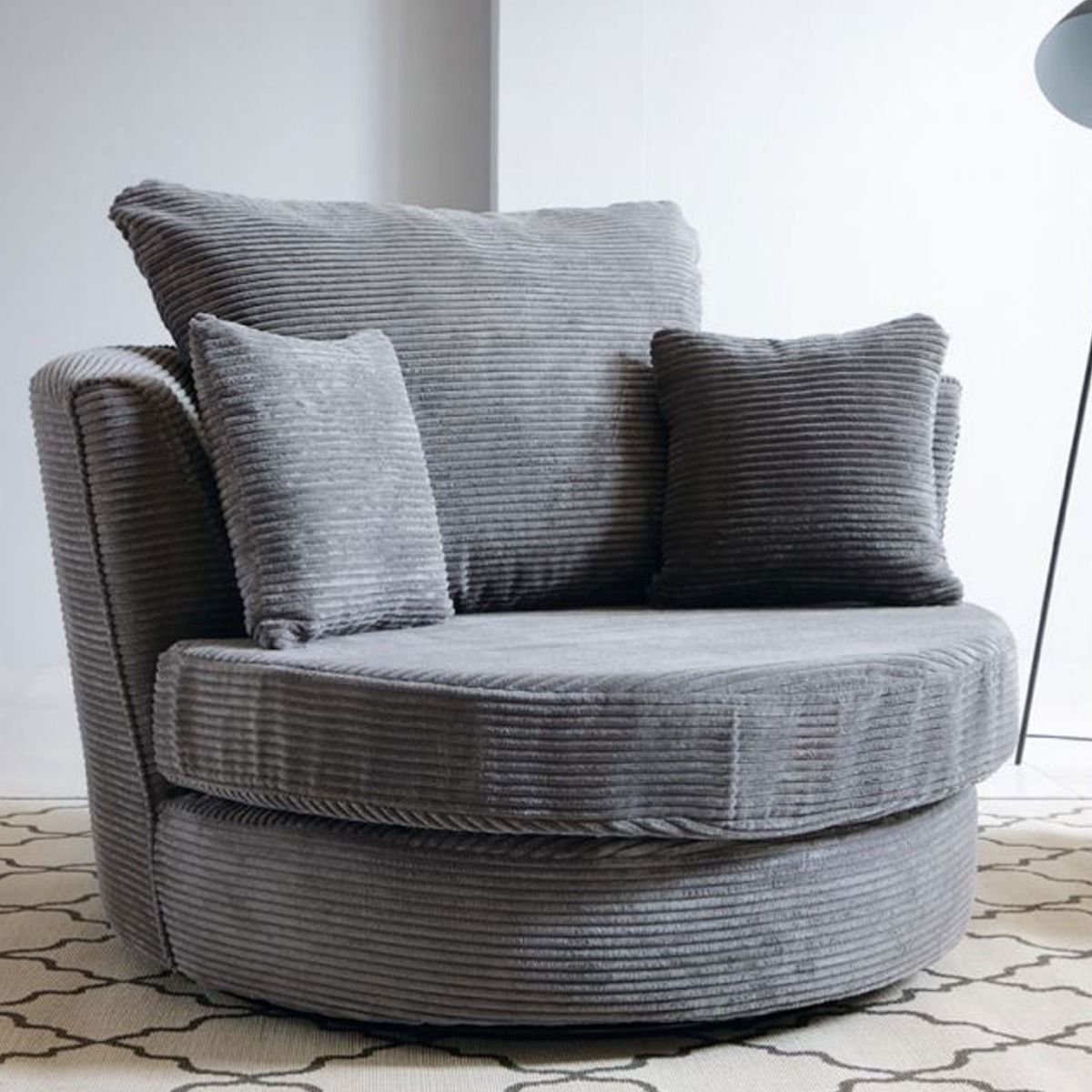 JASMINE Jumbo Cord Swivel Chair - Grey - Moonlight Interiors