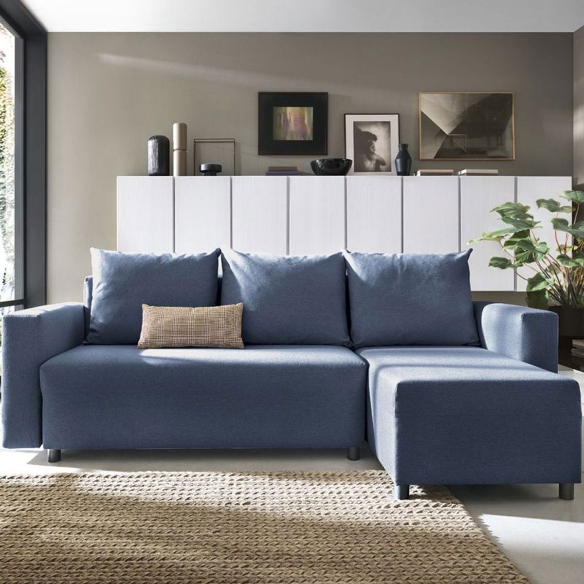 MILTON Fabric 4 Seater L Shaped - Right Hand Facing Corner Sofa - Dark Blue - Moonlight Interiors