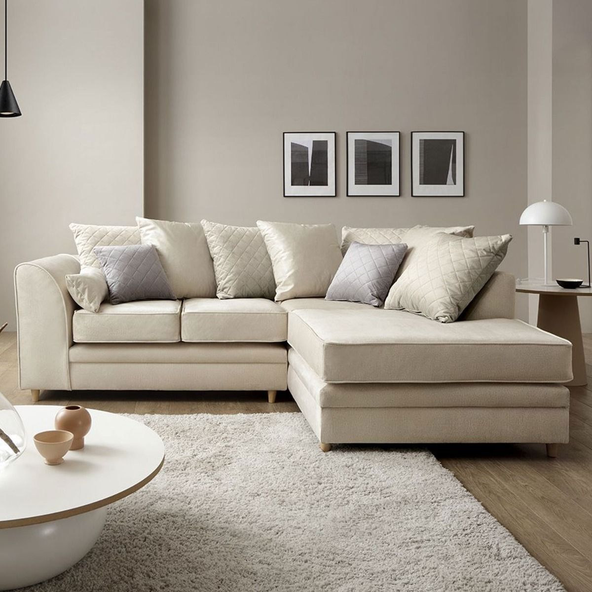 Bethan Velvet Corner Sofa - Right Arm Cream - Moonlight Interiors