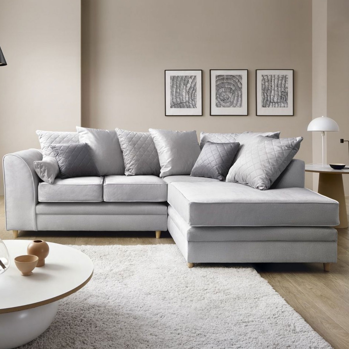 Bethan Velvet Corner Sofa - Right Arm Light Grey - Moonlight Interiors