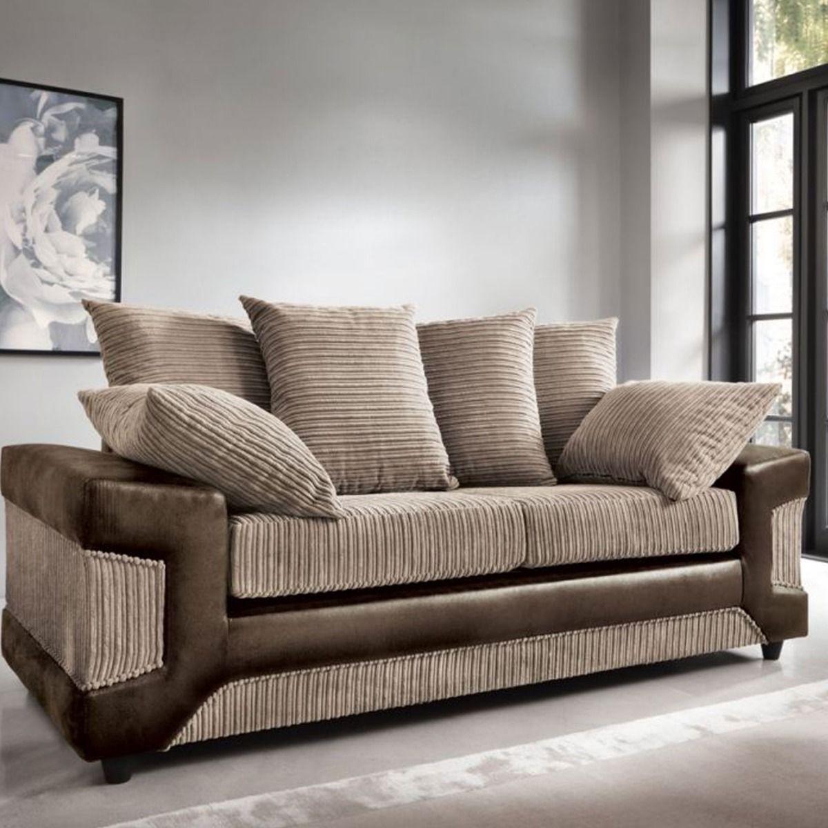 ERITREA Jumbo Cord 3 Seater Scatterback Sofa - Brown and Beige - Moonlight Interiors