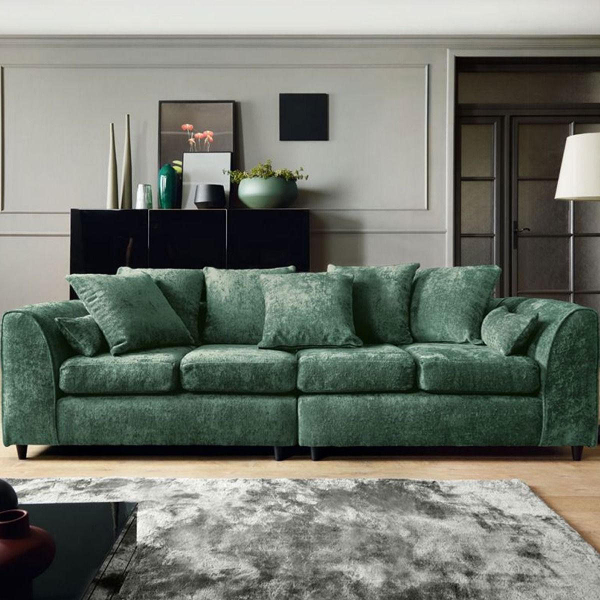 GILLIVER Crushed Chenille Fabric 4 Seater Scatterback Sofa - Rifle Green - Moonlight Interiors