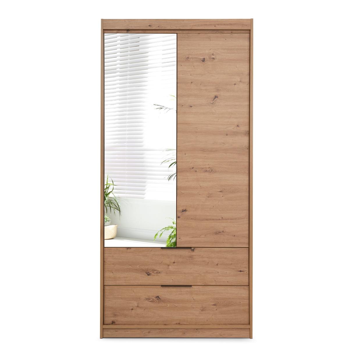 MAJO 2 Door Mirrored Wardrobe with 2 Drawers Medium Oak - 103cm - Avellino & Wells