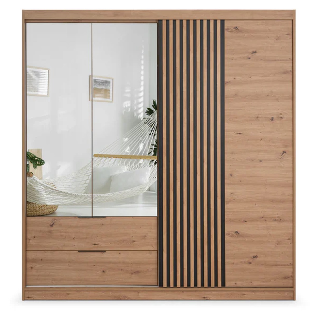 MAJO 3 Door Mirrored Wardrobe with 2 Drawers Medium Oak - 203cm - Avellino & Wells