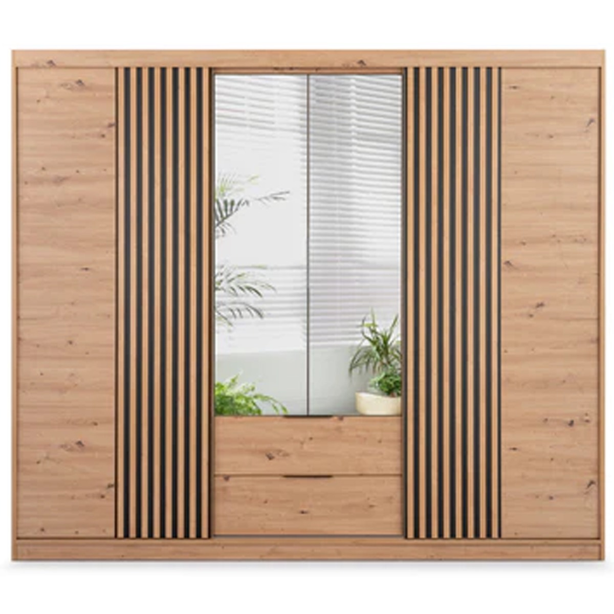MAJO 4 Door Mirrored Wardrobe with 2 Drawers Medium Oak - 250cm - Avellino & Wells