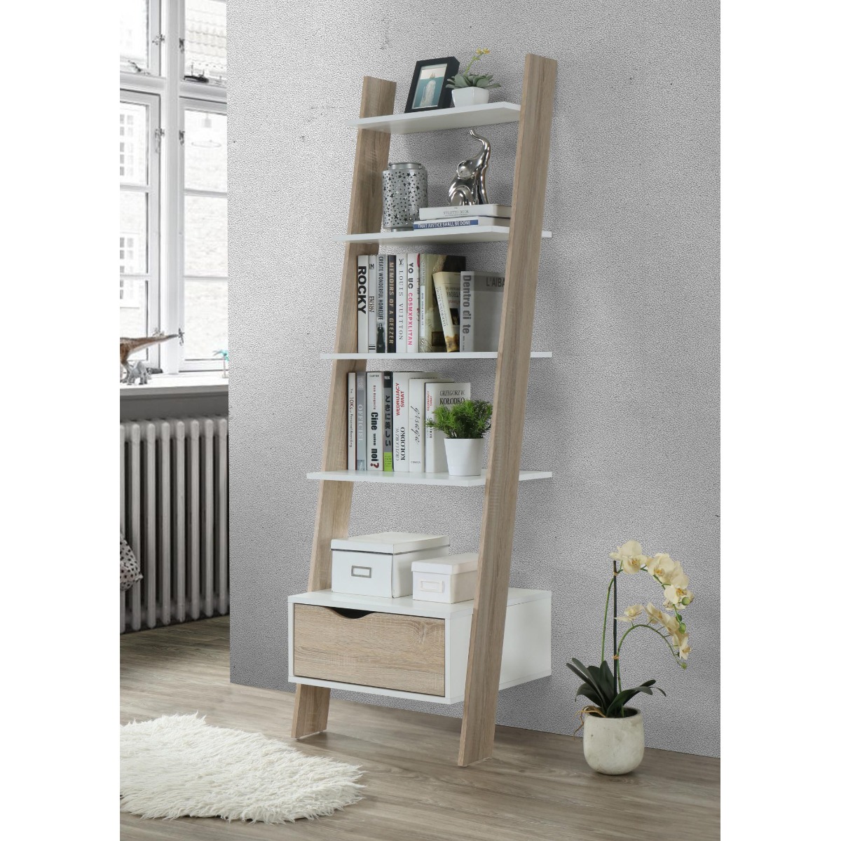 Ketchikan Tall Bookcase Antique Elegance in White and Oak with 1 Drawer and 4 Tiers - Sigrid Mills