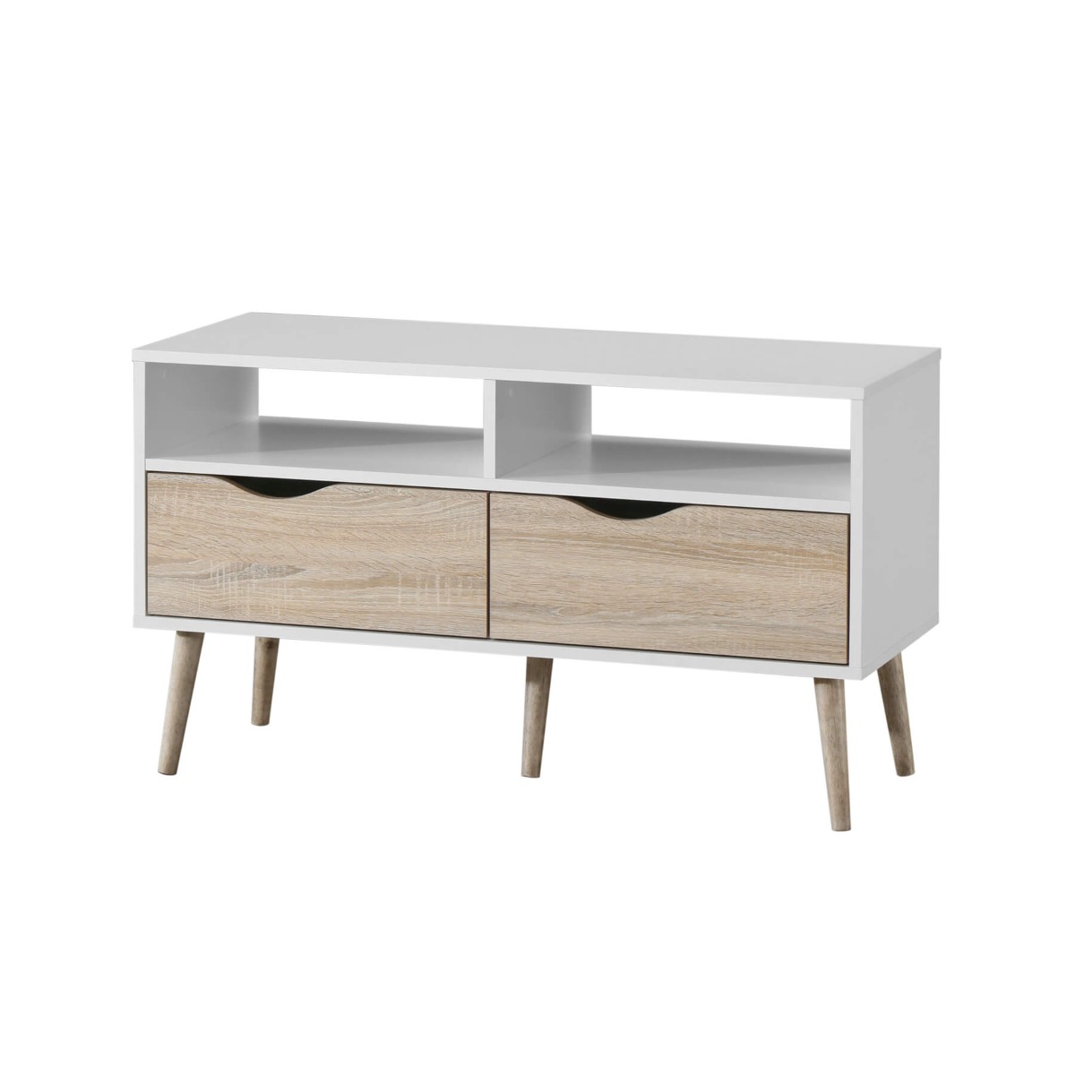 Ketchikan Small TV Cabinet with 2 Drawers and Open Shelves Antique Elegance in White and Oak with Rubberwood Legs - Sigrid Mills
