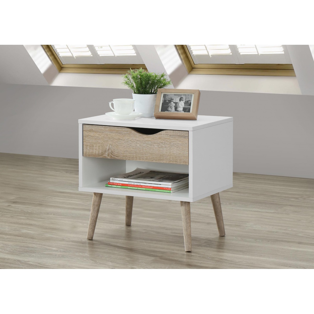 Bedside Table - KETCHIKAN 1 Drawer Nightstand White and Oak Effect 50cm - Sigrid Mills