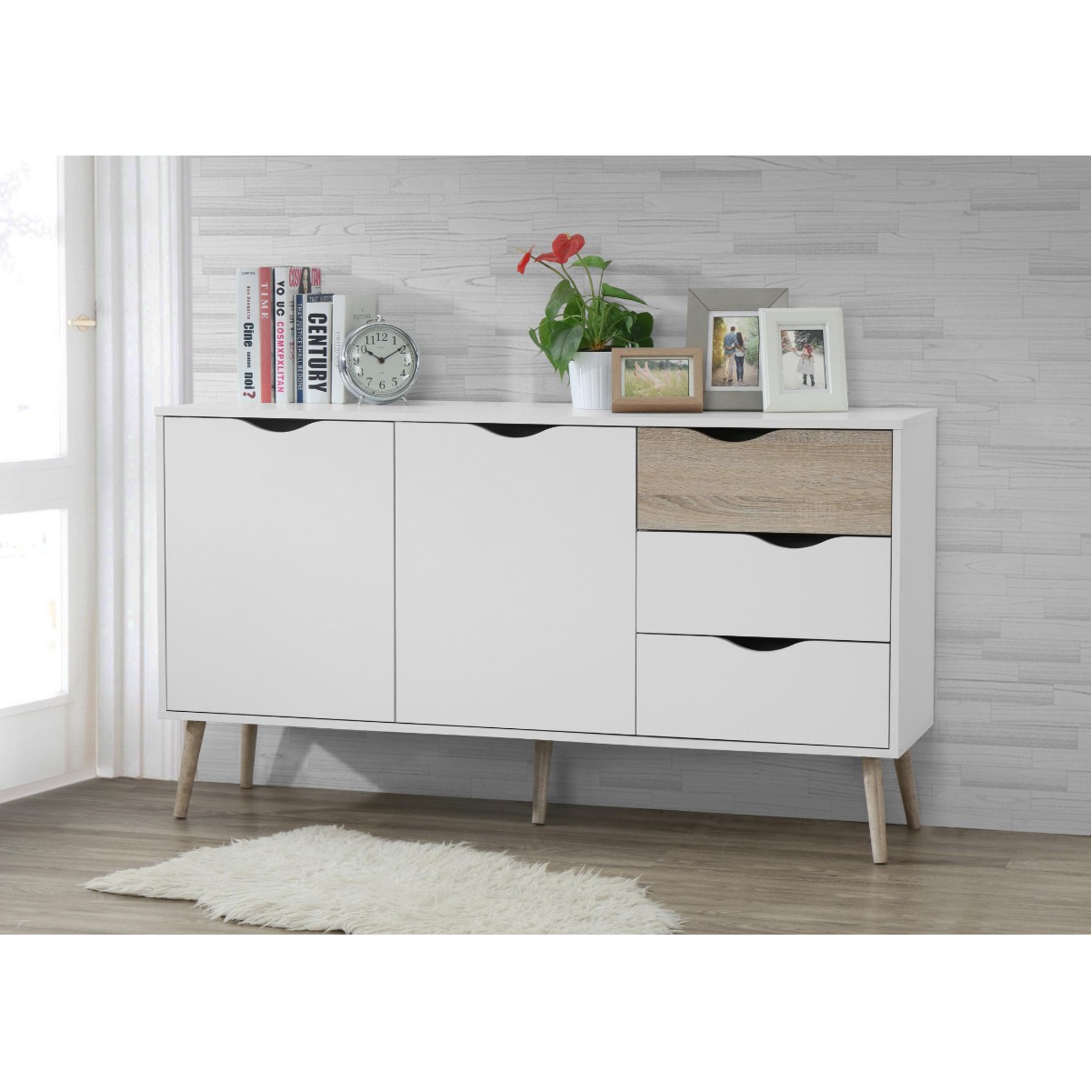 Ketchikan Large Sideboard Antique Elegance in White and Oak with 2 Doors and 3 Drawers - Sigrid Mills