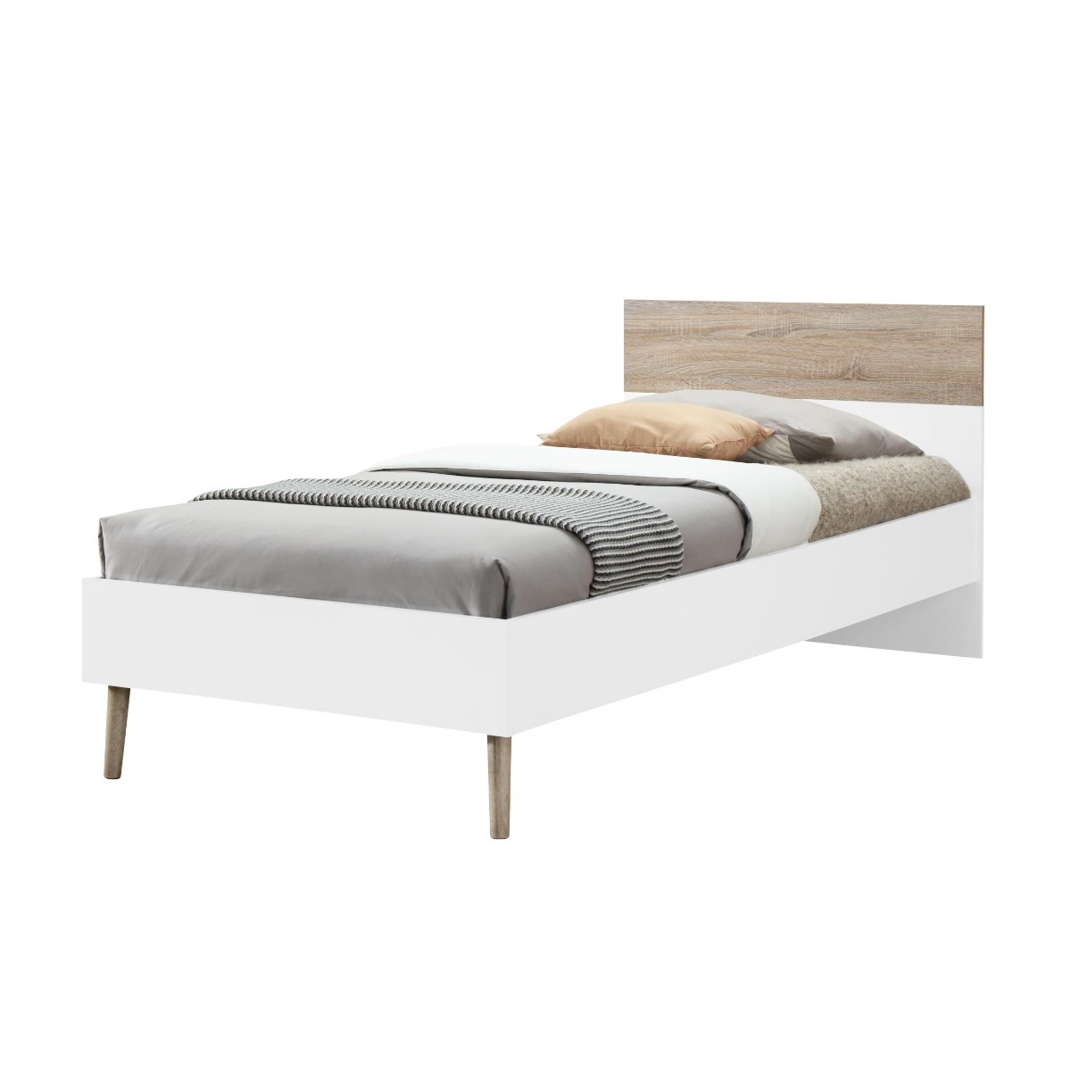 Ketchikan Classic Luxurious Bed Frame White and Oak Effect Rubberwood Legs - Single - Sigrid Mills