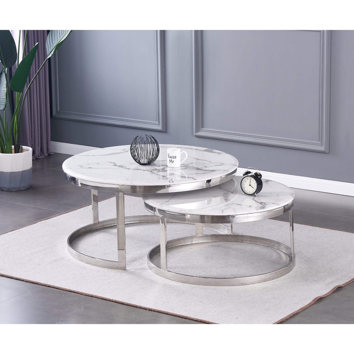 Stuttgart Marble Circular Coffee Table Set with White Artificial Marble Top Stainless Steel Base in Silver - Sigrid Mills