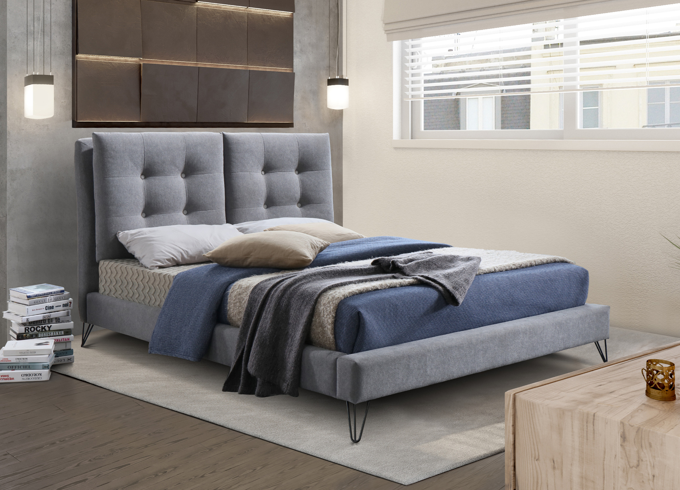 Double Bed - TUSCARA 4ft6 Fabric Bed Grey - Bedland