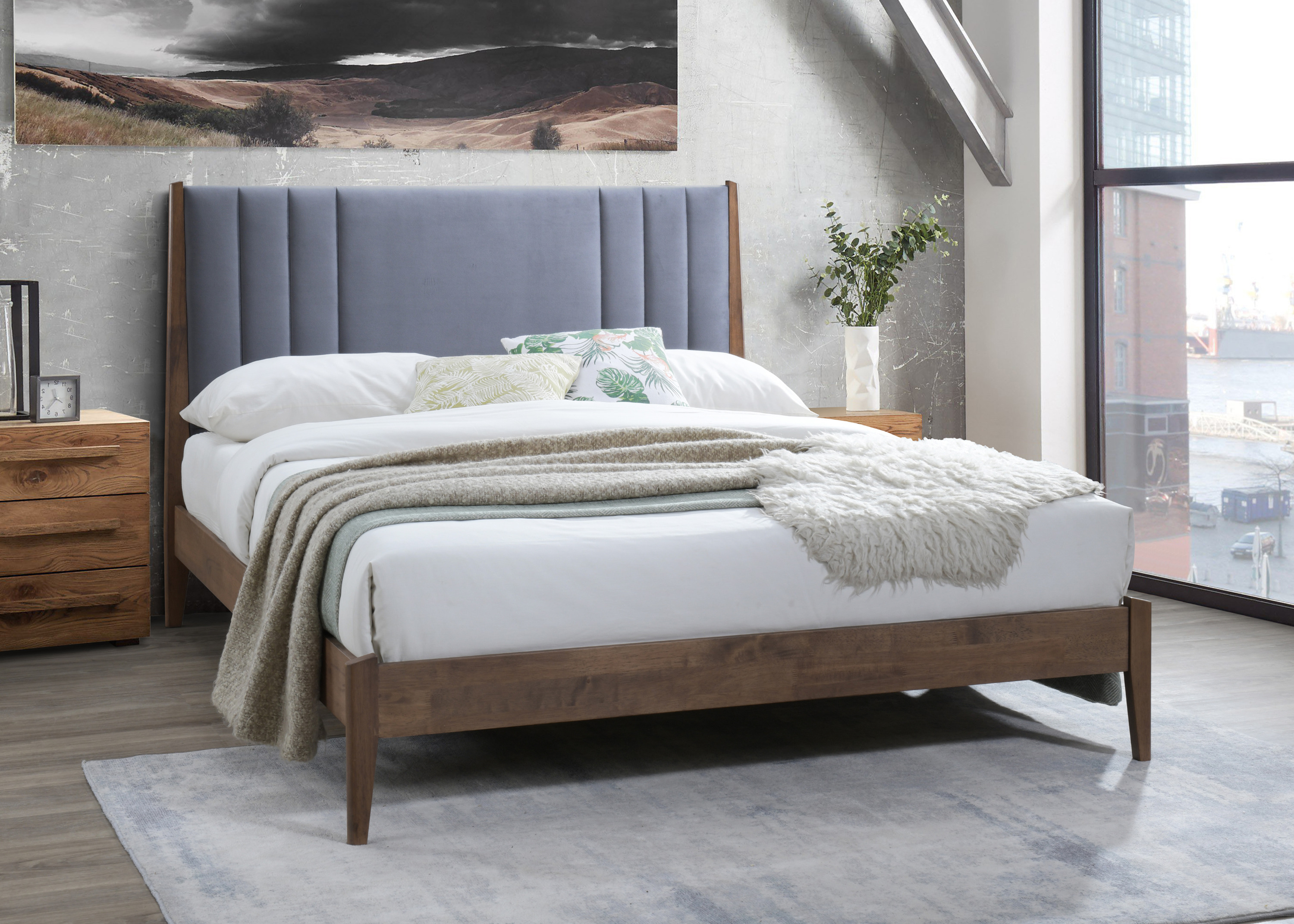 Double Bed - CHELVARA Wooden 4ft6 Fabric Bed Dark Grey - Bedland