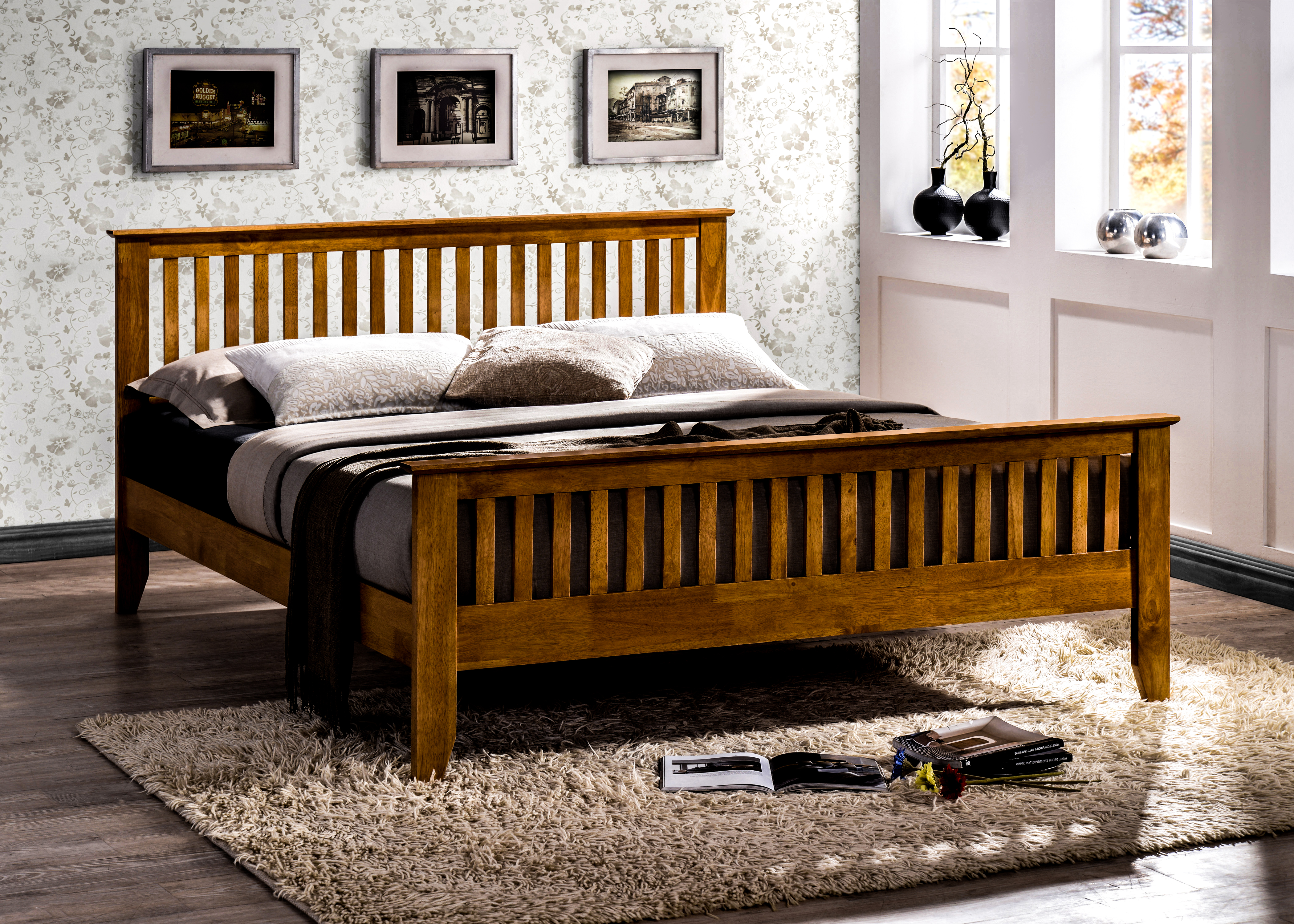 Double Bed - TURANO 4ft6 Wooden Bed Honey Oak - Bedland