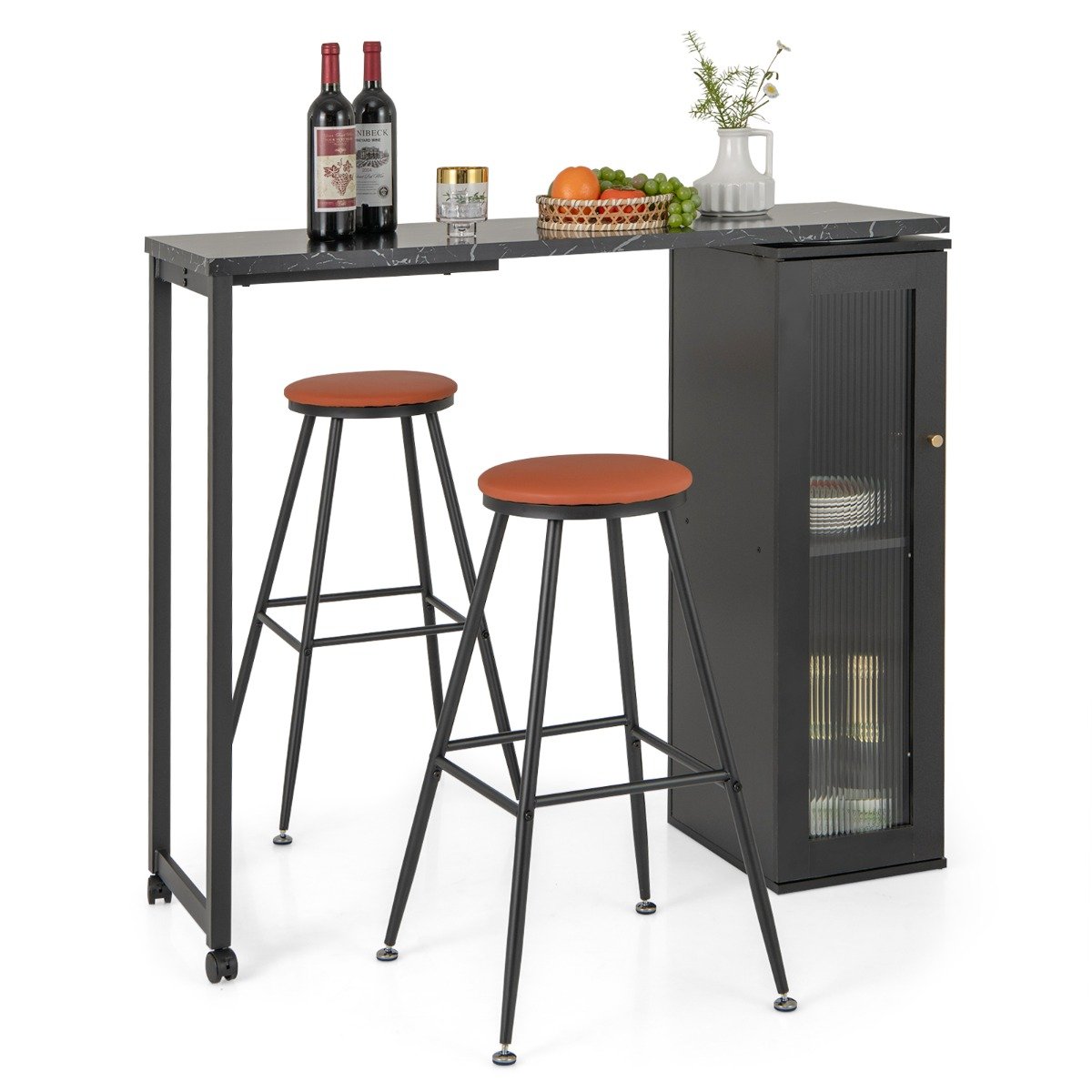 Swivelling Top Bar Table and Chairs Set of 3 with Storage Cabinet-Black - Savings Store