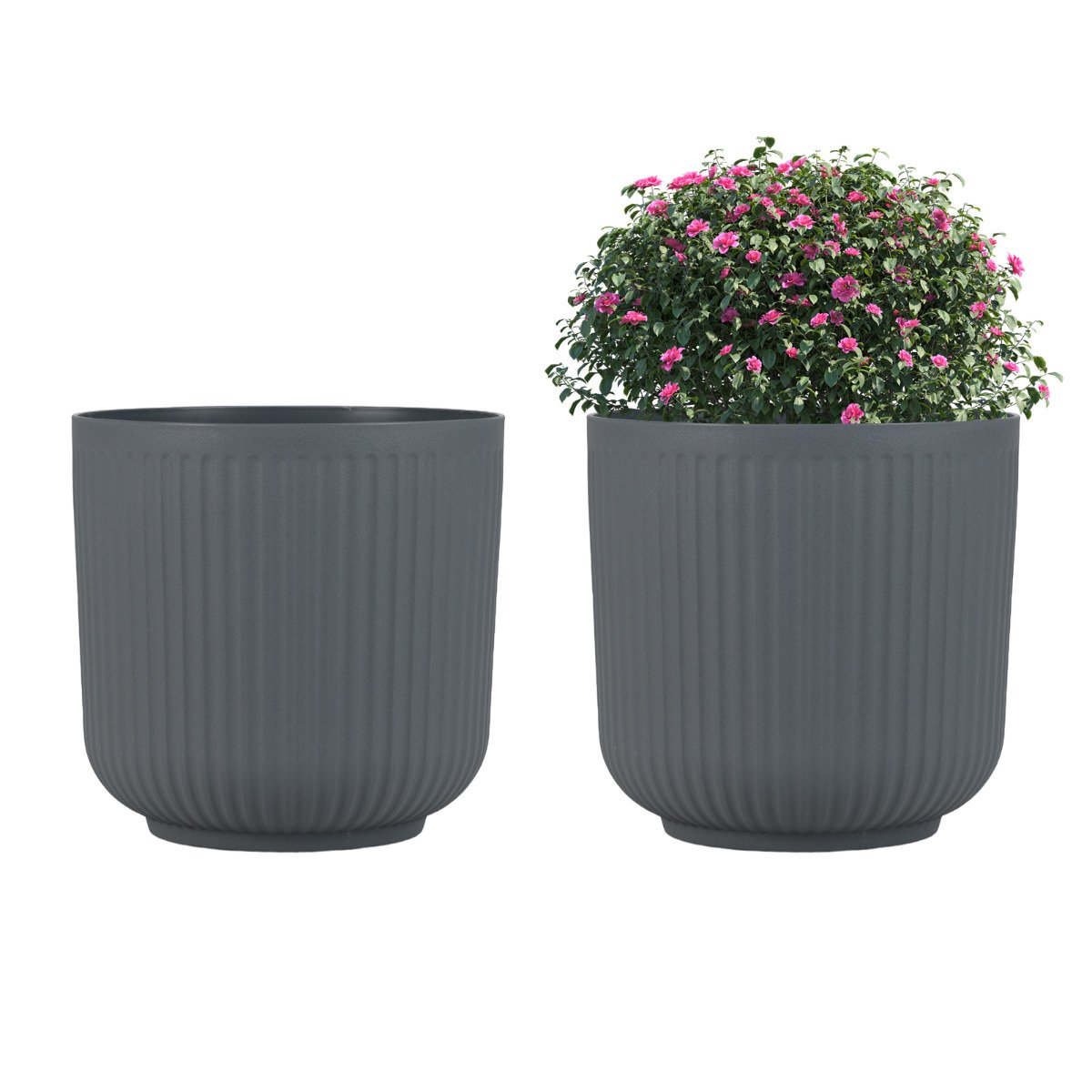 Round Plastic Planters Set of 2 with Optional Drainage System-Grey - Savings Store