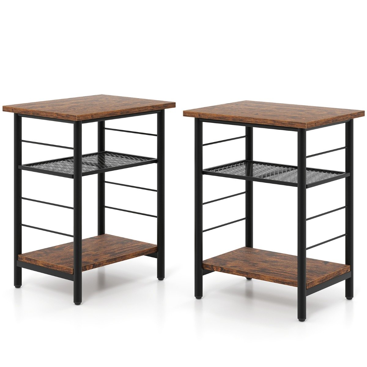 3-Tier Side Table with Height Adjustable Metal Mesh Shelf-Rustic Brown - Savings Store