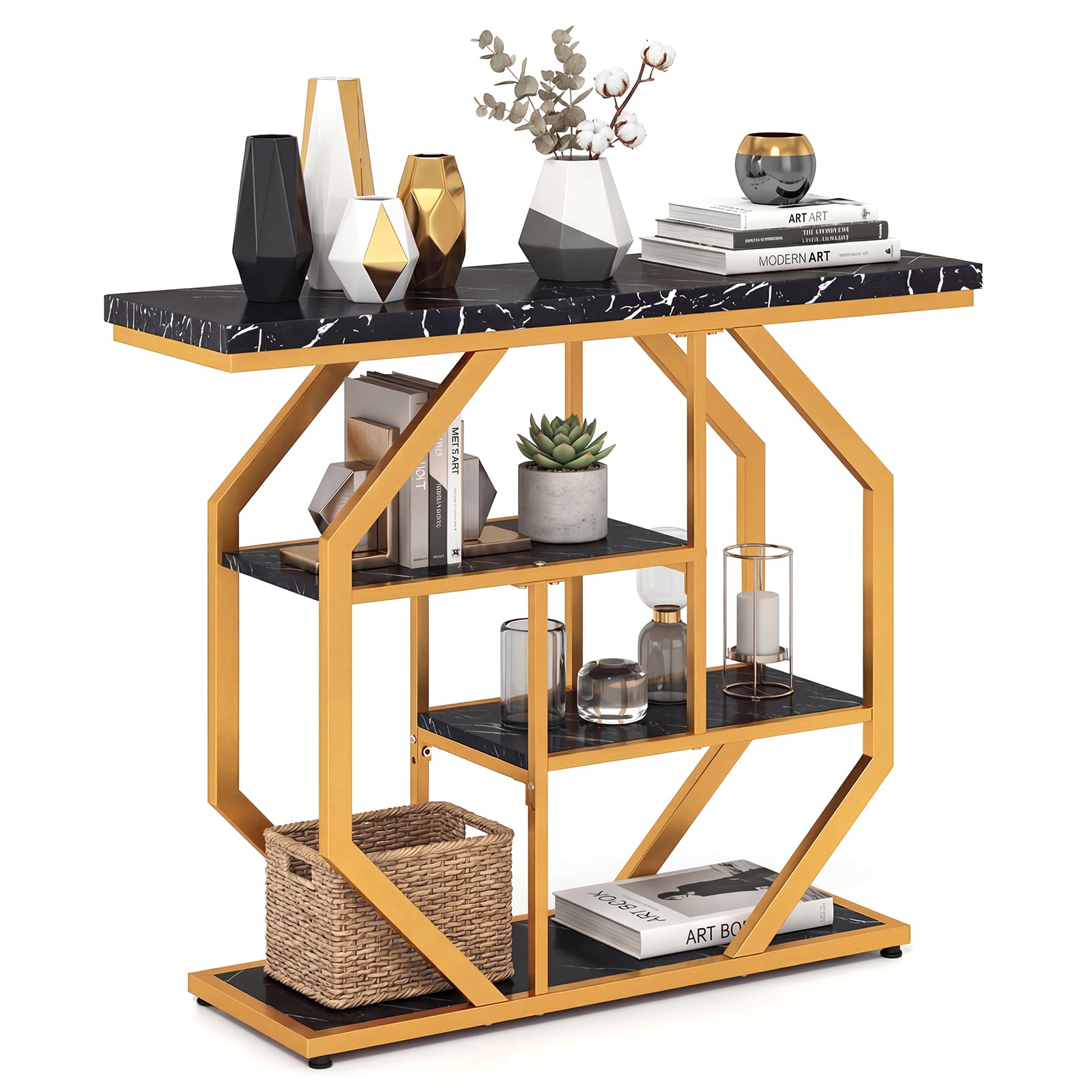 100CM 4-Tier Modern Entryway Table with Storage Shelves for Hallway-Black & Gold - Savings Store