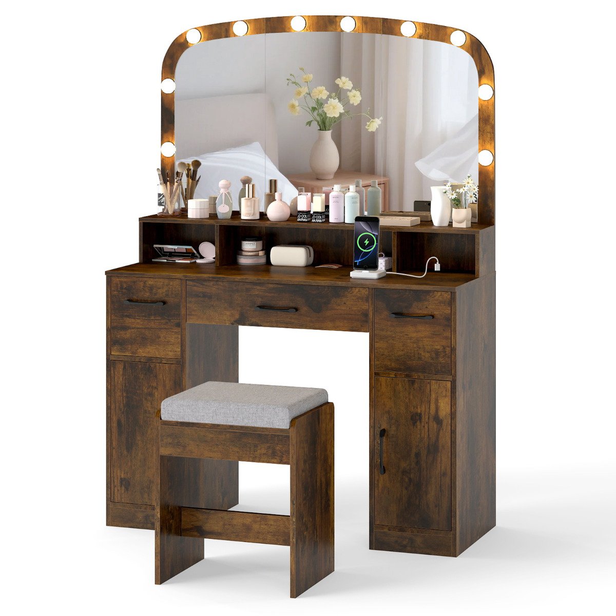 CANDERBY 108 CM Wide Vanity Desk with Mirror and Lights for Bedroom-Rustic Brown