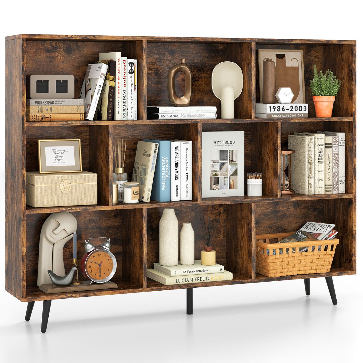 BRILLOSA 10-Cube Bookcase 140 CM Storage Organizer with 5 Tapered Metal Legs-Coffee - Savings Store