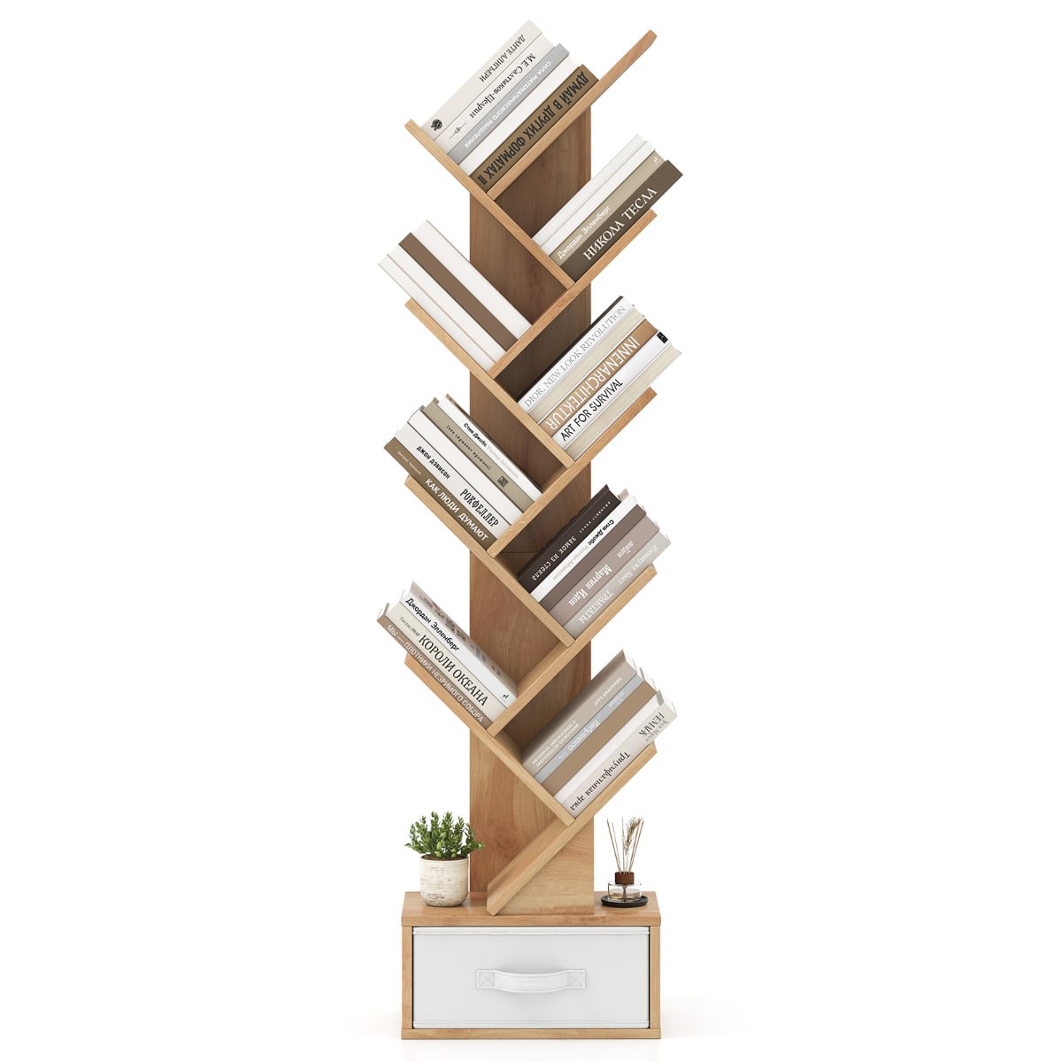 10-Tier Freestanding Tree Bookshelf with Drawer-Beige - Savings Store