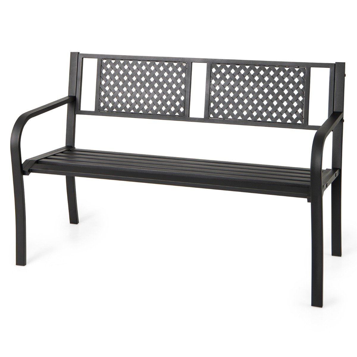 127CM Garden Bench with Patterned Backrest and Curved Armrests-Black - Savings Store